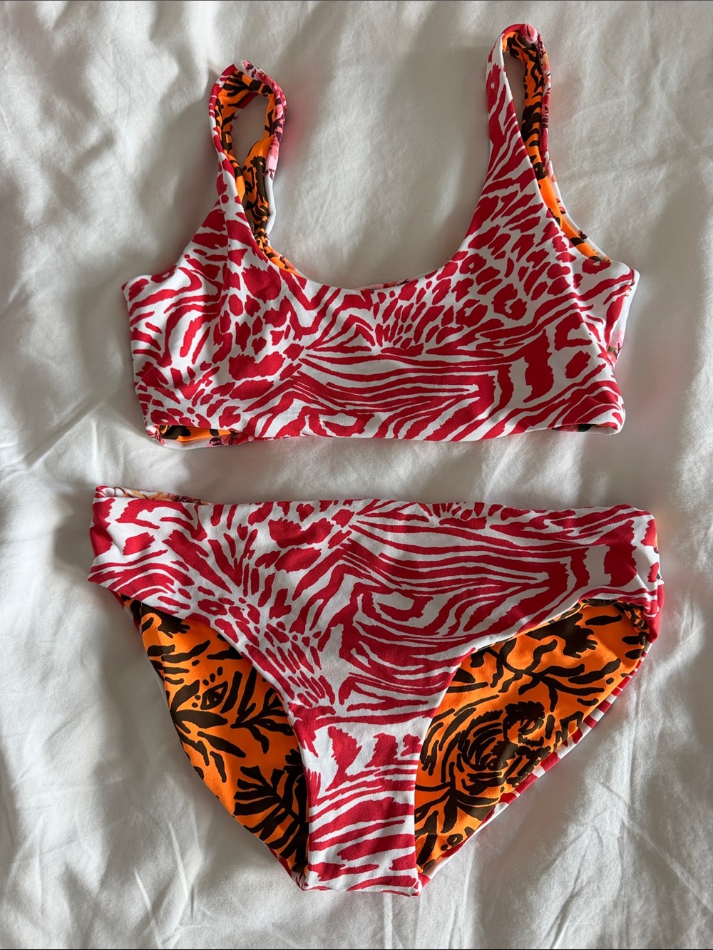 Maaji Reversible Kids Two-Piece Swim Set in Red & Orange. Never Worn.